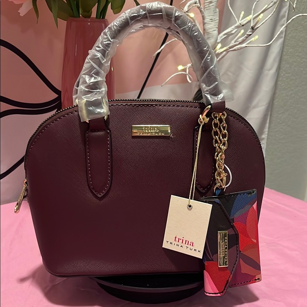 Trina Turk Wine Colored Satchel with Gold Accents and Colorful Coin Purse🌺